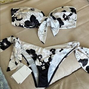 NWT Zimmermann Ivory & black Floral Bikini set with signature Zimmermann clasp